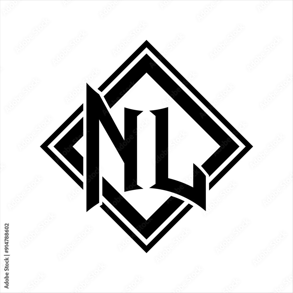 NL Letter logo with abstract shield shape with square black outline on white background design NL Letter logo with abstract shield shape with square black outline on white background design