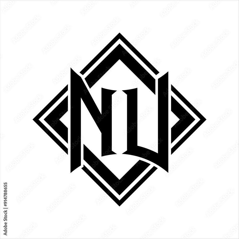 NU Letter logo with abstract shield shape with square black outline on white background design NU Letter logo with abstract shield shape with square black outline on white background design