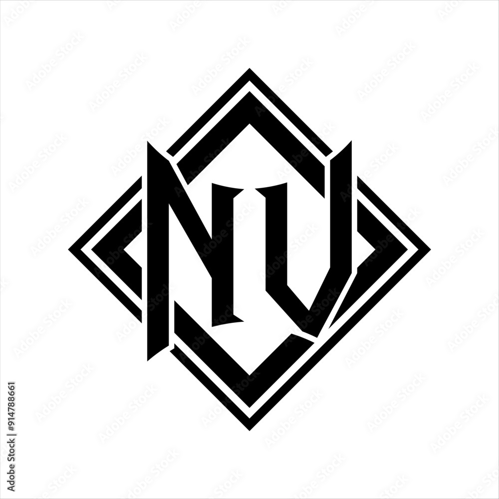 NV Letter logo with abstract shield shape with square black outline on white background design NV Letter logo with abstract shield shape with square black outline on white background design