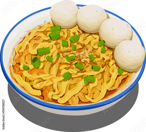 Fishball Noodles Singaporean Style Digital Illustration Vector Clipart
