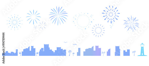 海辺の街並みと花火のシルエットイラストのセット　背景イラスト　都市景観