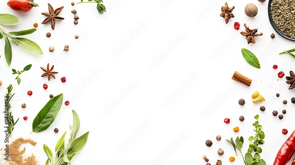various spices and herbs on white background with copy space flat lay frame composition top view : Generative AI various spices and herbs on white background with copy space flat lay frame composition top view : Generative AI