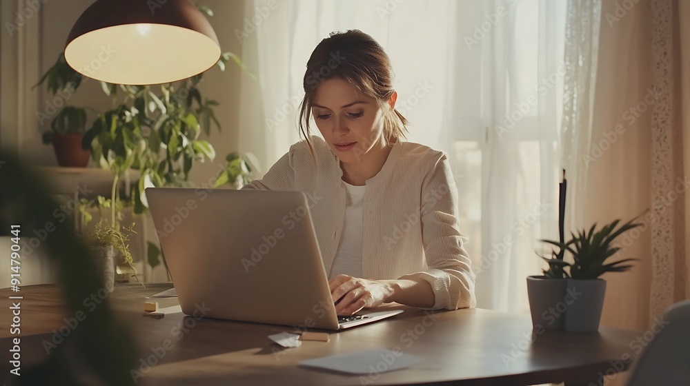 Fototapeta premium Happy caucasian lady freelancer or entrepreneur working from home sitting at table in home office using modern laptop typing on keyboard copy space : Generative AI