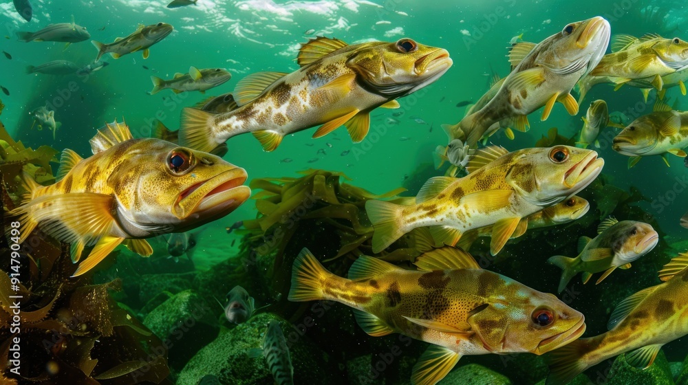 Naklejka premium School of Spotted Fish Swimming Underwater