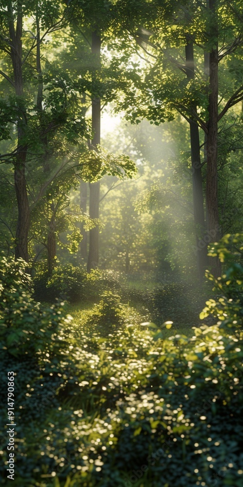 Obraz premium Sunbeams Illuminating a Dense Forest Path