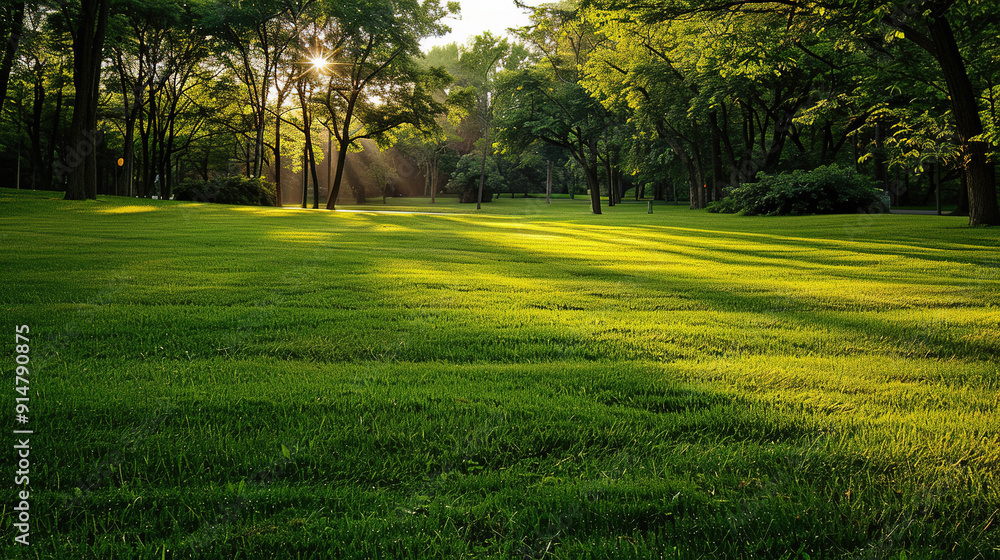 green lawn with a tree in the morning with sunlight green lawn with a tree in the morning with sunlight
