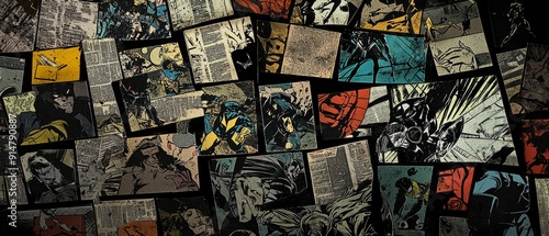 overlay of comic page textures, on black background, Generative AI 