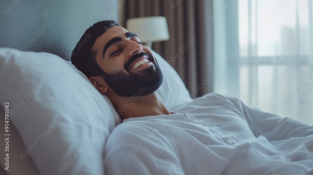 Morning Relax Smiling Pleased Arab Man Lying In Comfortable Bed After Waking Up Happy Millennial Middle Eastern Man Resting In Bedroom Enjoying Domestic Weekend Side View With Copy Spa : Generative AI Morning Relax Smiling Pleased Arab Man Lying In Comfortable Bed After Waking Up Happy Millennial Middle Eastern Man Resting In Bedroom Enjoying Domestic Weekend Side View With Copy Spa : Generative AI