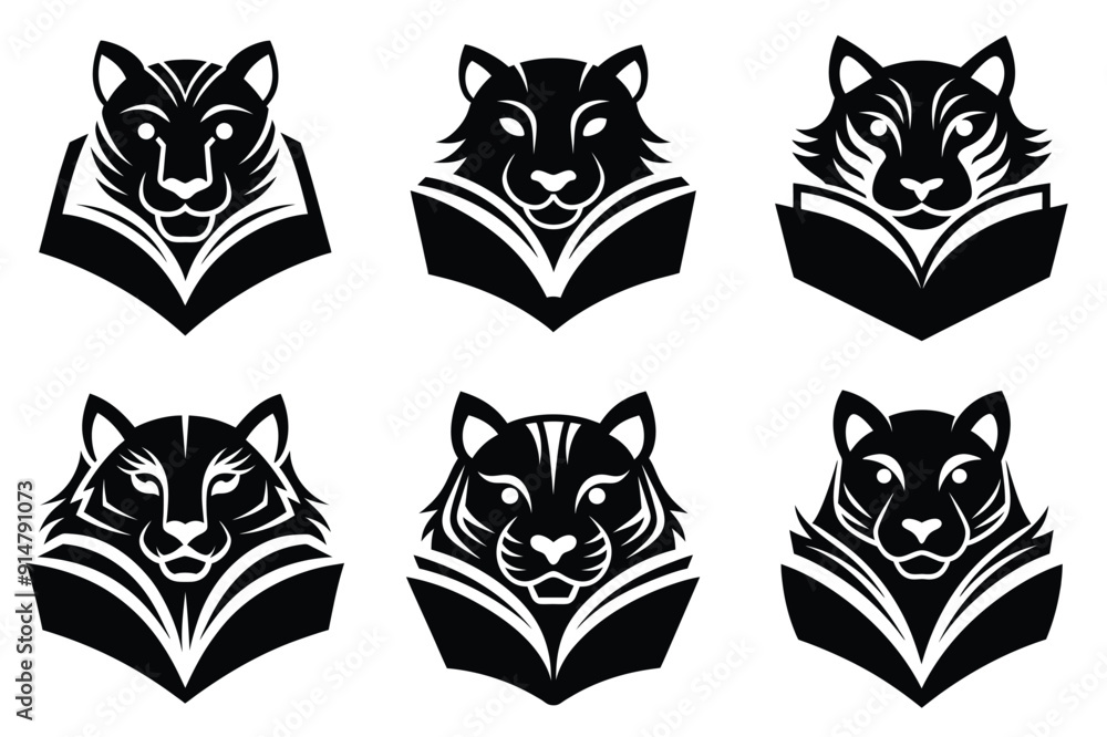 Tiger head reading a book icon logo design vector illustration with white background Tiger head reading a book icon logo design vector illustration with white background