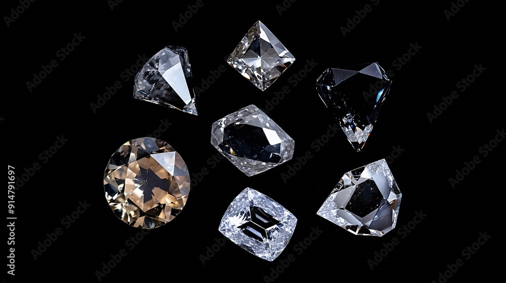 Close up layout of different cut diamonds top view on black background with copy space : Generative AI