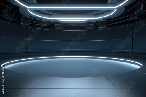 Futuristic circular room with glowing white lines.