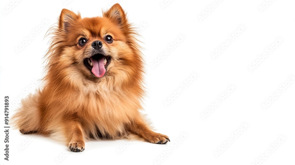 Obraz premium Red Pomeranian dog panting and sitting in front isolated on white : Generative AI