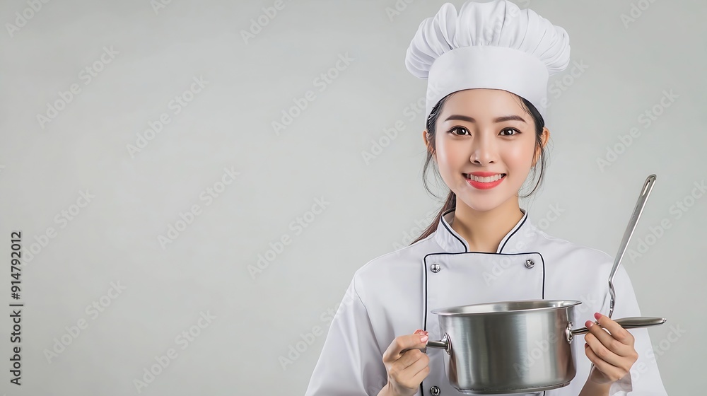 Young beautiful asian woman chef in uniform holding soup pot ladle utensils cooking in the kitchen various gesture menu good taste on isolated Cooking woman chef people in kitchen rest : Generative AI Young beautiful asian woman chef in uniform holding soup pot ladle utensils cooking in the kitchen various gesture menu good taste on isolated Cooking woman chef people in kitchen rest : Generative AI