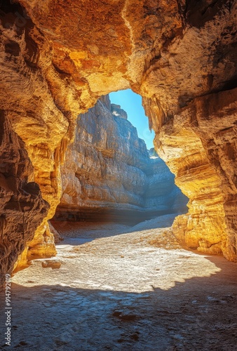 The entrance of a large cave with sunlight streaming in, highlighting the textures of the rock walls and the ground inside