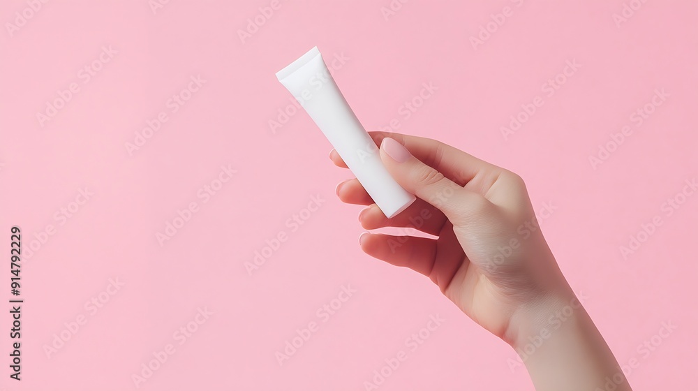 Over a pink background a hand model squeezing cream from a white unlabeled tube Cosmetic product advertising : Generative AI Over a pink background a hand model squeezing cream from a white unlabeled tube Cosmetic product advertising : Generative AI