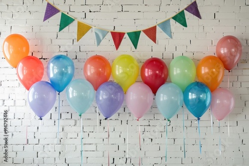Colorful Balloons Decorating a White Brick Wall