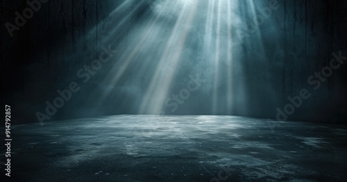 Dark Concrete Room with Light Rays and Fog