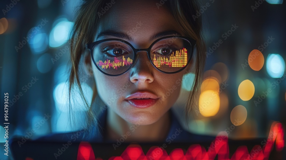 Close-up of a woman wearing glasses, focused on stock market data reflected in her lenses, symbolizing financial analysis, investment, and technology. Close-up of a woman wearing glasses, focused on stock market data reflected in her lenses, symbolizing financial analysis, investment, and technology.