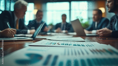 A group of business professionals in a meeting, with a focus on financial reports and charts on the table, representing corporate strategy and decision-making.