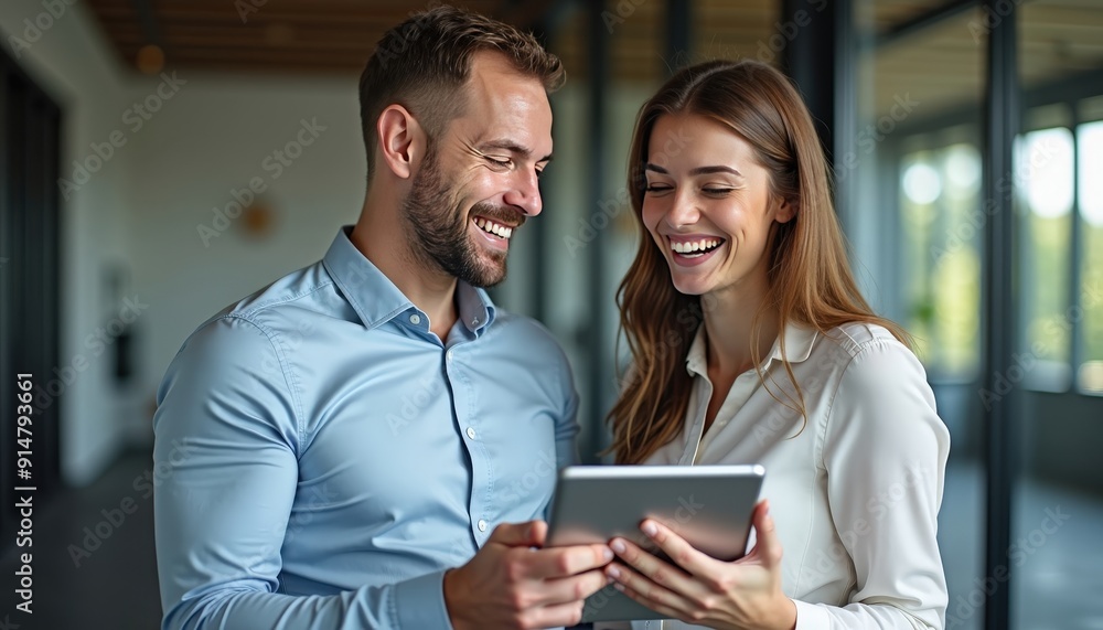 Happy colleagues looking at a tablet together. Happy colleagues looking at a tablet together.