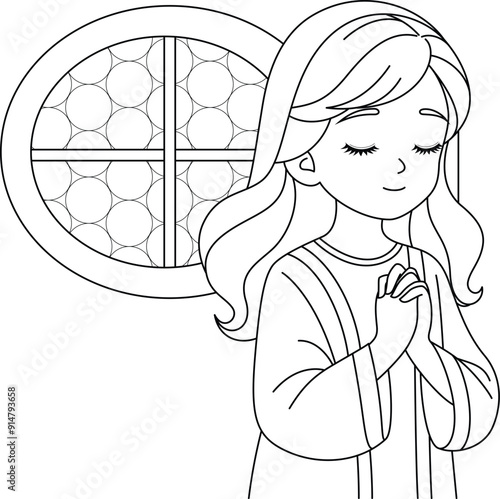 Christian Girl Praying in the Church Background Coloring Page