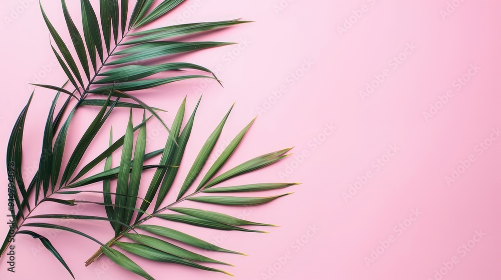 Tropical palm leaf on pink background. Flat lay with text space. Tropical palm leaf on pink background. Flat lay with text space.