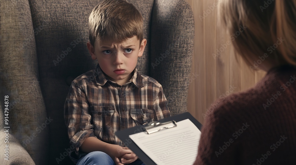 Therapist or psychologist talking to a sad depressed child Specialist with a clipboard trying to talk to an upset little school boy Childrens psychology depression therapy mental healt : Generative AI Therapist or psychologist talking to a sad depressed child Specialist with a clipboard trying to talk to an upset little school boy Childrens psychology depression therapy mental healt : Generative AI
