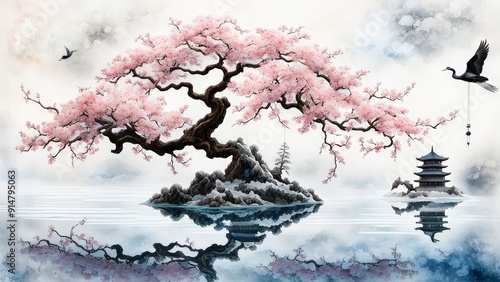 Serene Cherry Blossom Tree, Glowing Moon, and Birds Over Water in a Tranquil, Dreamlike Scene
