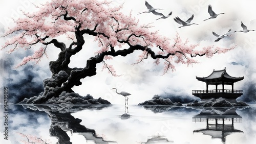 Serene Cherry Blossom Tree, Glowing Moon, and Birds Over Water in a Tranquil, Dreamlike Scene