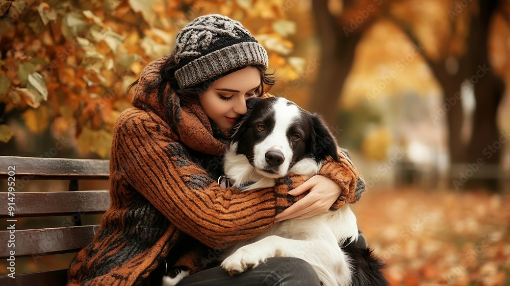 Caucasian woman hugging her dog Border Collie while sitting on a bench in autumn park : Generative AI Caucasian woman hugging her dog Border Collie while sitting on a bench in autumn park : Generative AI