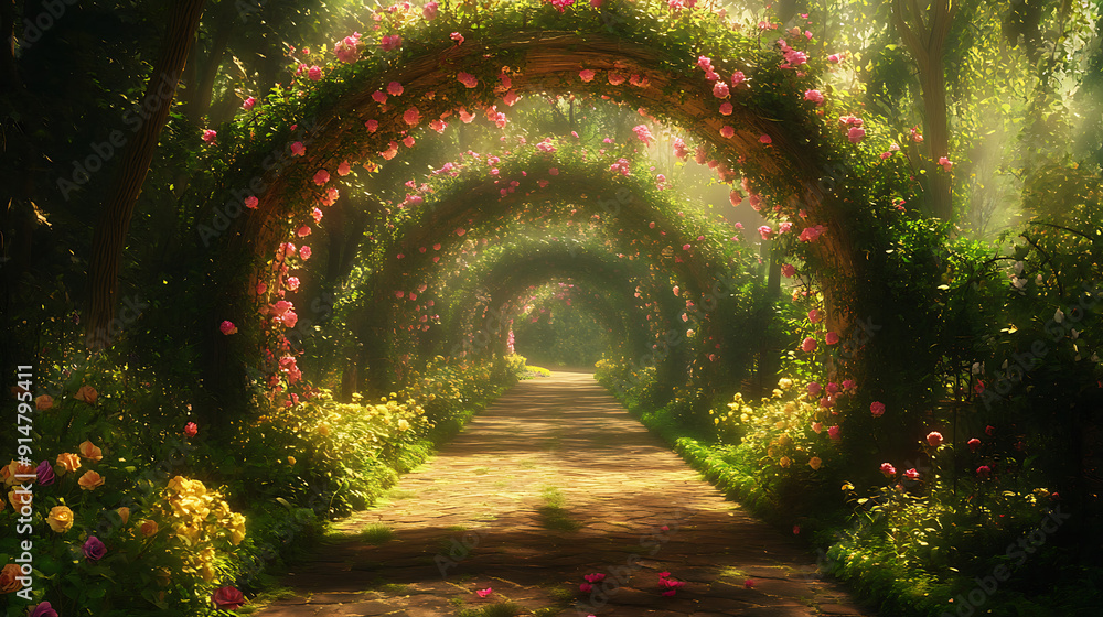 A garden archway covered in blooming vines, creating a picturesque entrance A garden archway covered in blooming vines, creating a picturesque entrance