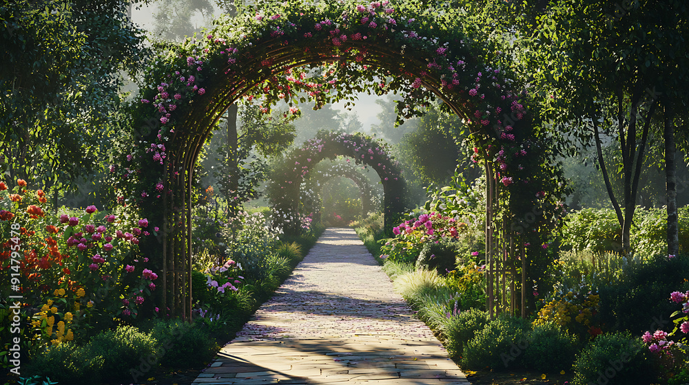 Fototapeta premium A garden archway covered in blooming vines, creating a picturesque entrance 