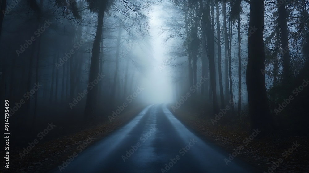 Gloomy and dark forest road during a foggy morning with the best mystic atmosphere in the east of Bohemia : Generative AI Gloomy and dark forest road during a foggy morning with the best mystic atmosphere in the east of Bohemia : Generative AI