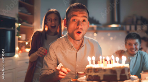 Delightful Birthday with Family at Home Man Holding Birthday Cake with Burning Candles in Front of Surprised and Excited Loved Ones