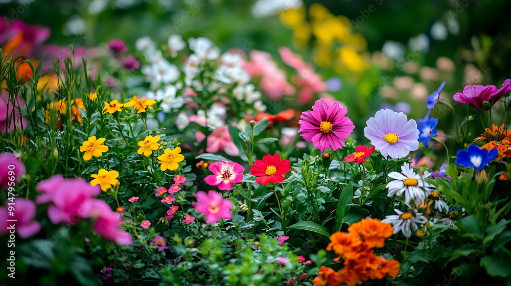 A vibrant garden filled with a variety of colorful flowers and lush green plants 