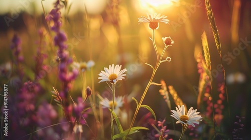 Sunlight Illuminating Daisies in a Meadow