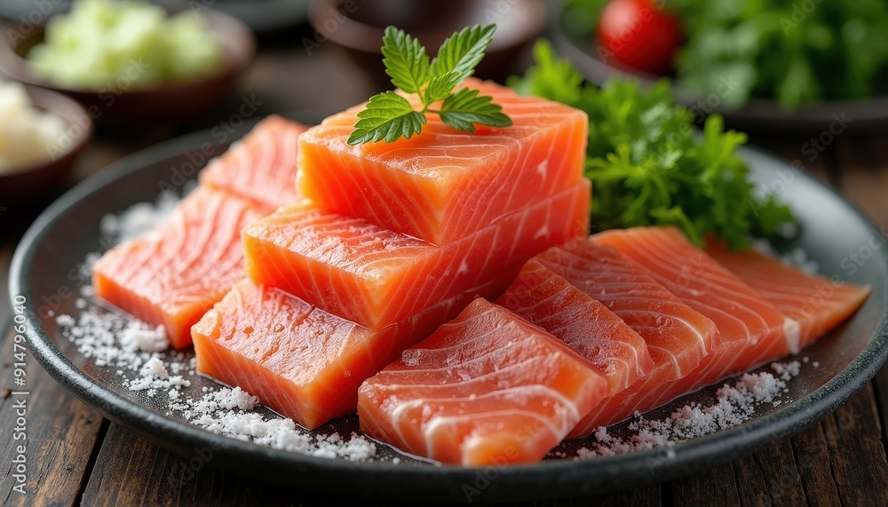 Fresh Salmon Slices with Salt on Black Plate. Fresh Salmon Slices with Salt on Black Plate.