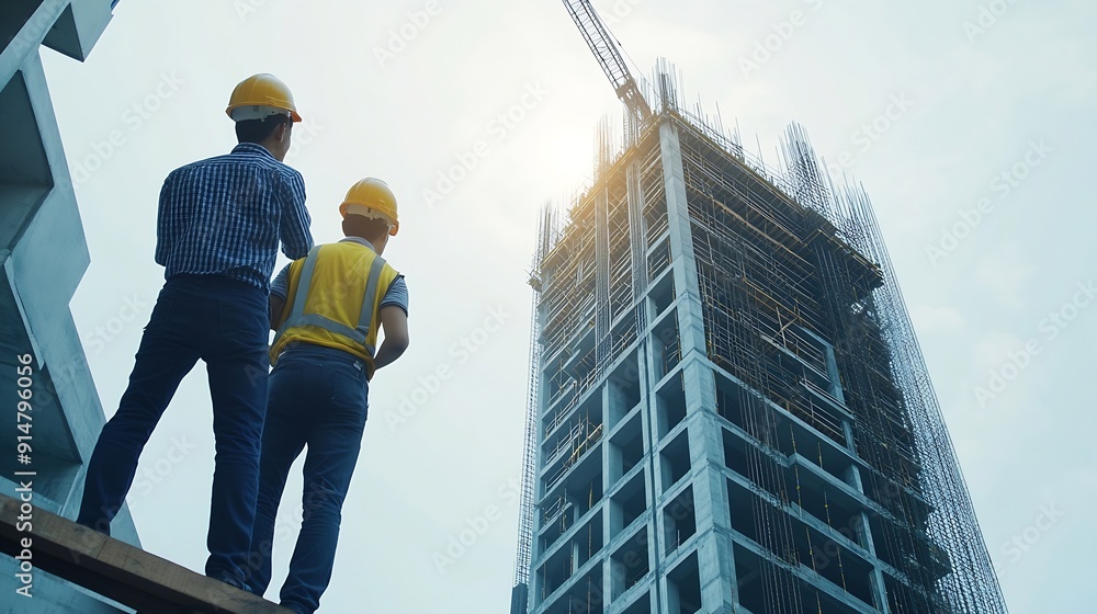 Two Asian engineer working at site of a large building projectThailand peopleWork overtime at construction siteTeam of engineer discus at site : Generative AI Two Asian engineer working at site of a large building projectThailand peopleWork overtime at construction siteTeam of engineer discus at site : Generative AI