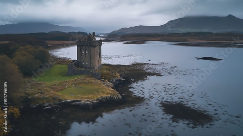 Aerial view of Castle Stalker in Loch Linnhe during a rainy autumn day with moody sky Castle Stalker Scotland United Kingdom Europe : Generative AI photo