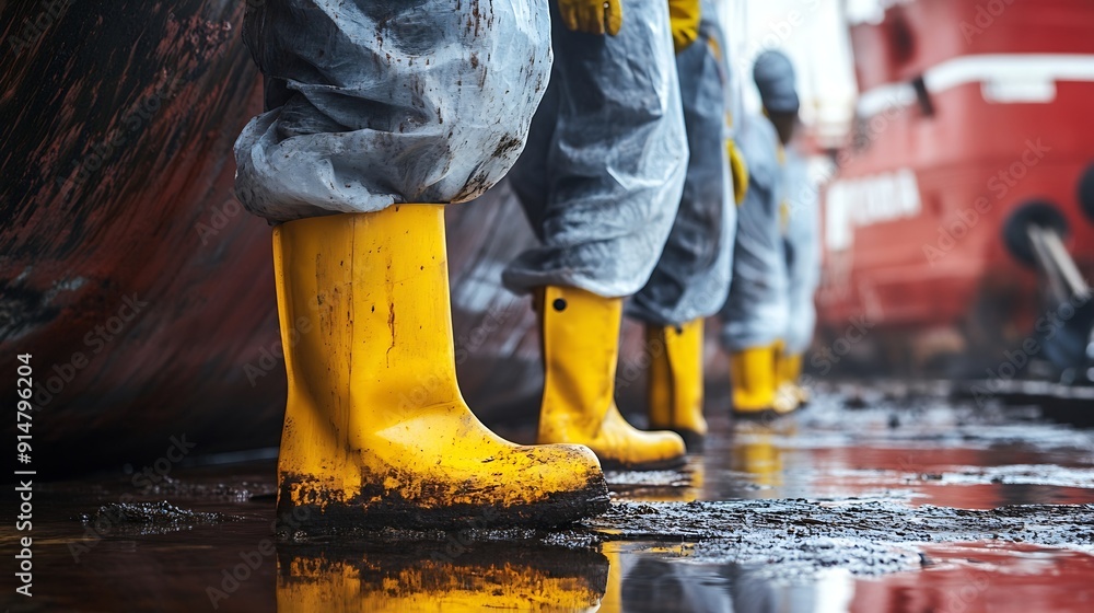 Workers in protective suits and yellow boots clean oily ship blocks at an indian ship recycling yard This image highlights the meticulous process and safety measures in industrial envi : Generative AI Workers in protective suits and yellow boots clean oily ship blocks at an indian ship recycling yard This image highlights the meticulous process and safety measures in industrial envi : Generative AI