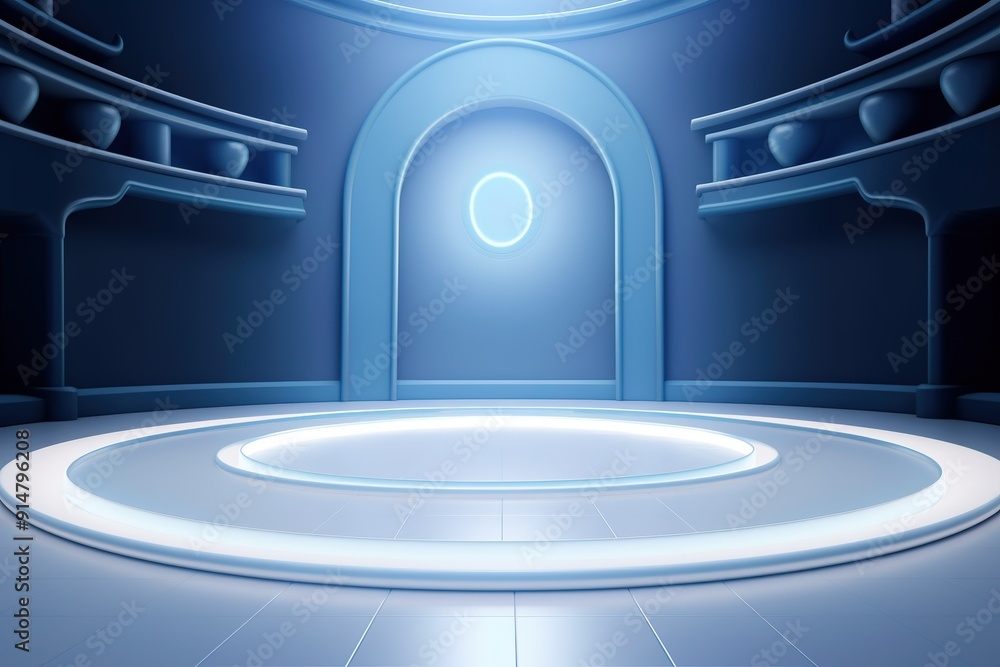 Futuristic blue platform with glowing rim.