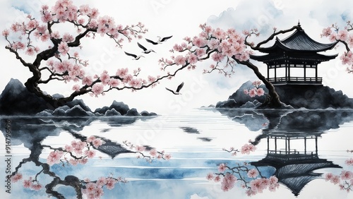 Serene Cherry Blossom Tree, Glowing Moon, and Birds Over Water in a Tranquil, Dreamlike Scene