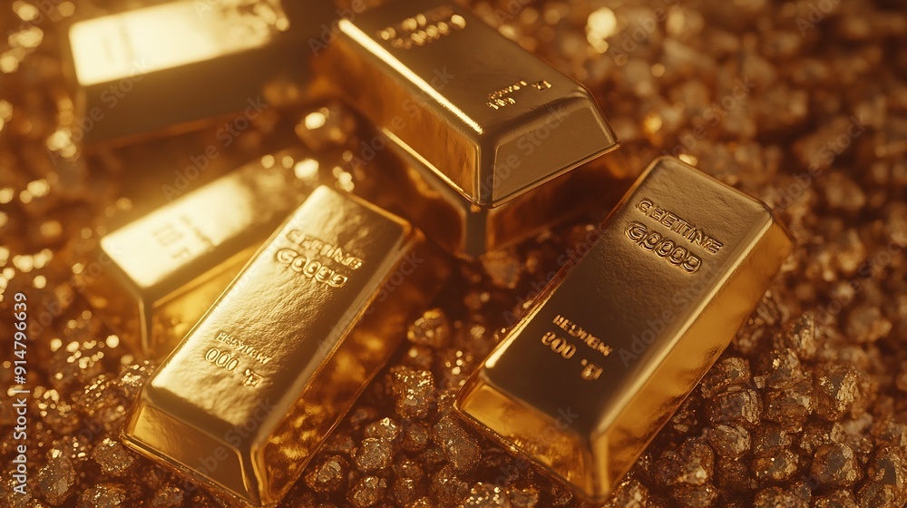 Gold bars on nugget grains background closeup : Generative AI Gold bars on nugget grains background closeup : Generative AI