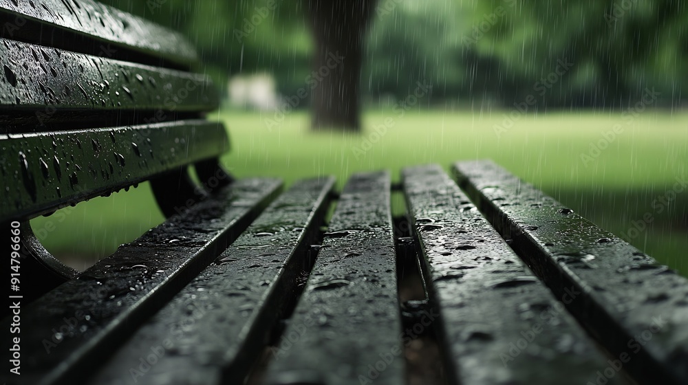 Fototapeta premium park bench after rain in spring : Generative AI
