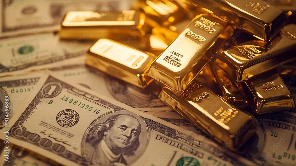 Pile of gold bars on background of dollar bills Gold bullions on usa banknotes close up shallow depth of field : Generative AI Pile of gold bars on background of dollar bills Gold bullions on usa banknotes close up shallow depth of field : Generative AI