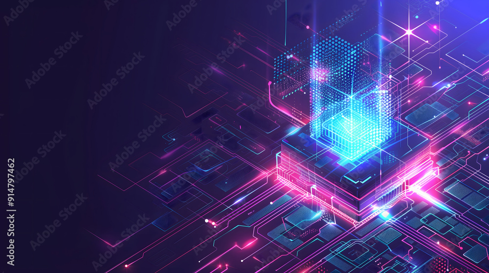 Obraz premium Abstract digital technology background. Isometric AI chip with AI hologram with circuit tech bg. Connected lines electric lightning. Bright light neon blue quantum CPU processor. Vector illustration.
