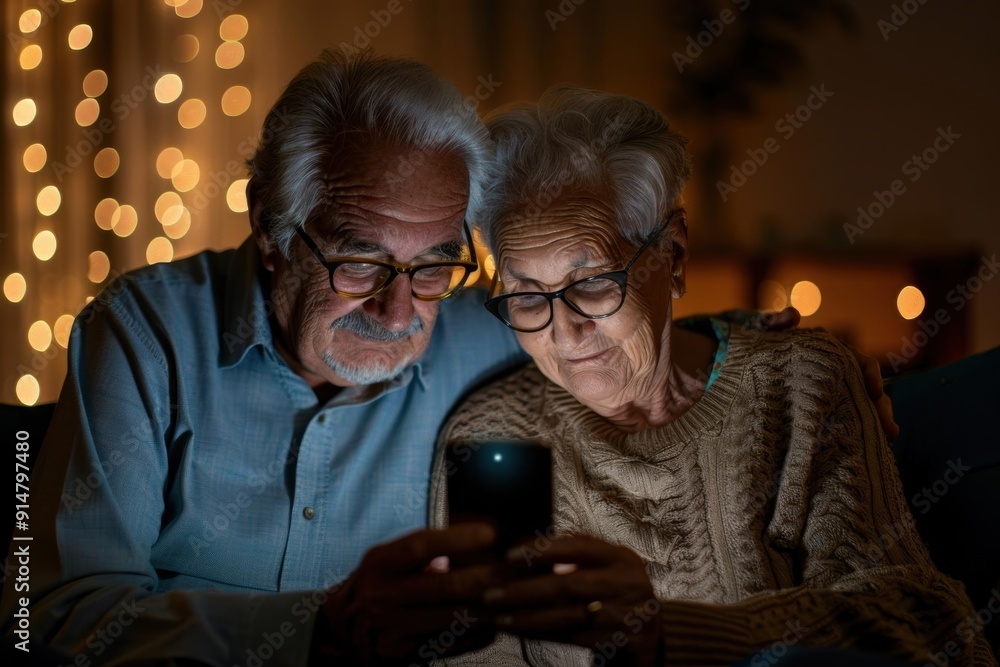 Fototapeta premium Elderly couple looking at smartphone together at home.