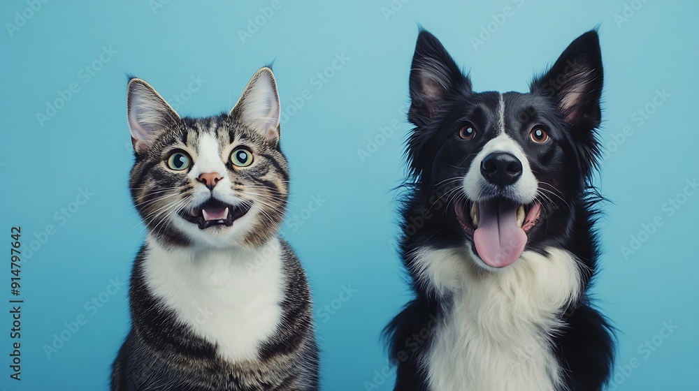 Grey striped tabby cat and a border collie dog with happy expression together on blue background banner framed looking at the camera : Generative AI Grey striped tabby cat and a border collie dog with happy expression together on blue background banner framed looking at the camera : Generative AI