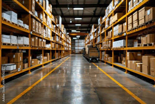 Wallpaper Mural A spacious warehouse with high racks filled with boxes, conveyor belts transporting goods, advanced inventory management systems, clean and wellorganized storage Torontodigital.ca