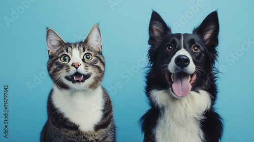 Grey striped tabby cat and a border collie dog with happy expression together on blue background banner framed looking at the camera : Generative AI